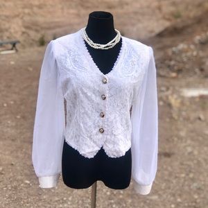 Vintage White Lace Romantic  Shirt With Sequins